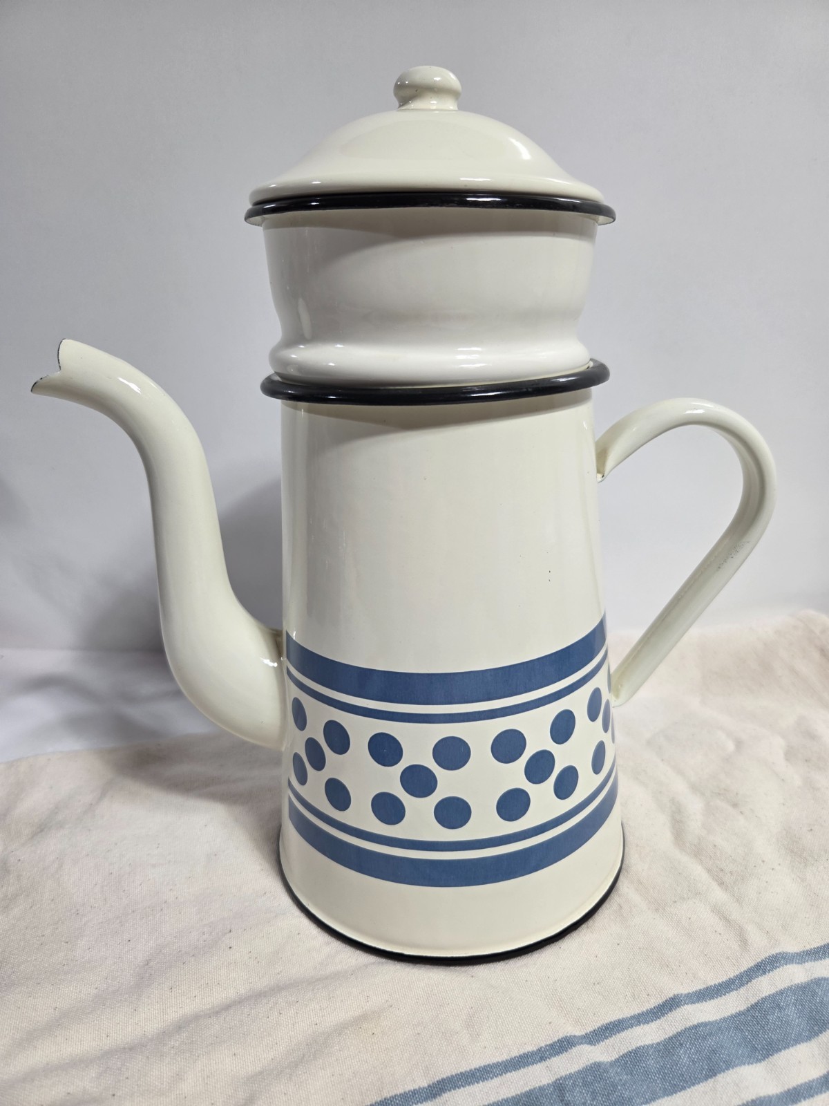 VTG 4pc Cafetiere French Drip Enamelware Drip Coffee Pot Blue Dot Design NICE VTG 4pc Cafetiere French Drip Enamelware Drip Coffee Pot Blue Dot Design NICE