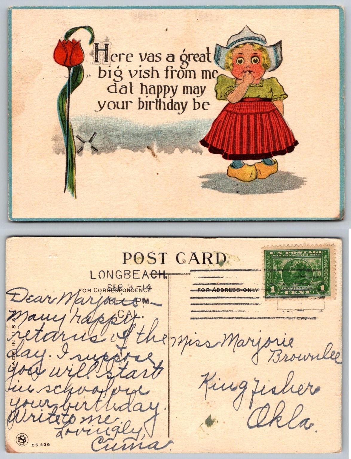 1914 Long Beach CA Birthday Postcard Dutch Child Tulip \ 1914 Long Beach CA Birthday Postcard Dutch Child Tulip \