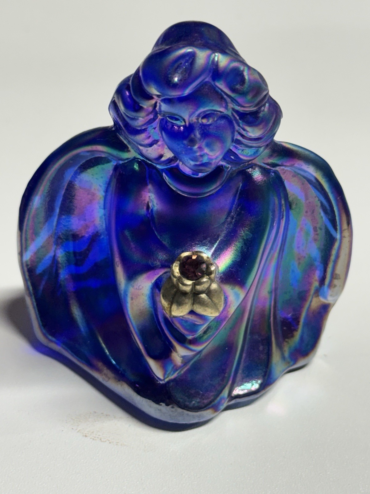 Fenton Cobalt Blue Iridescent Glass Guardian Angel Figurine Jewel 3.5” Fenton Cobalt Blue Iridescent Glass Guardian Angel Figurine Jewel 3.5”