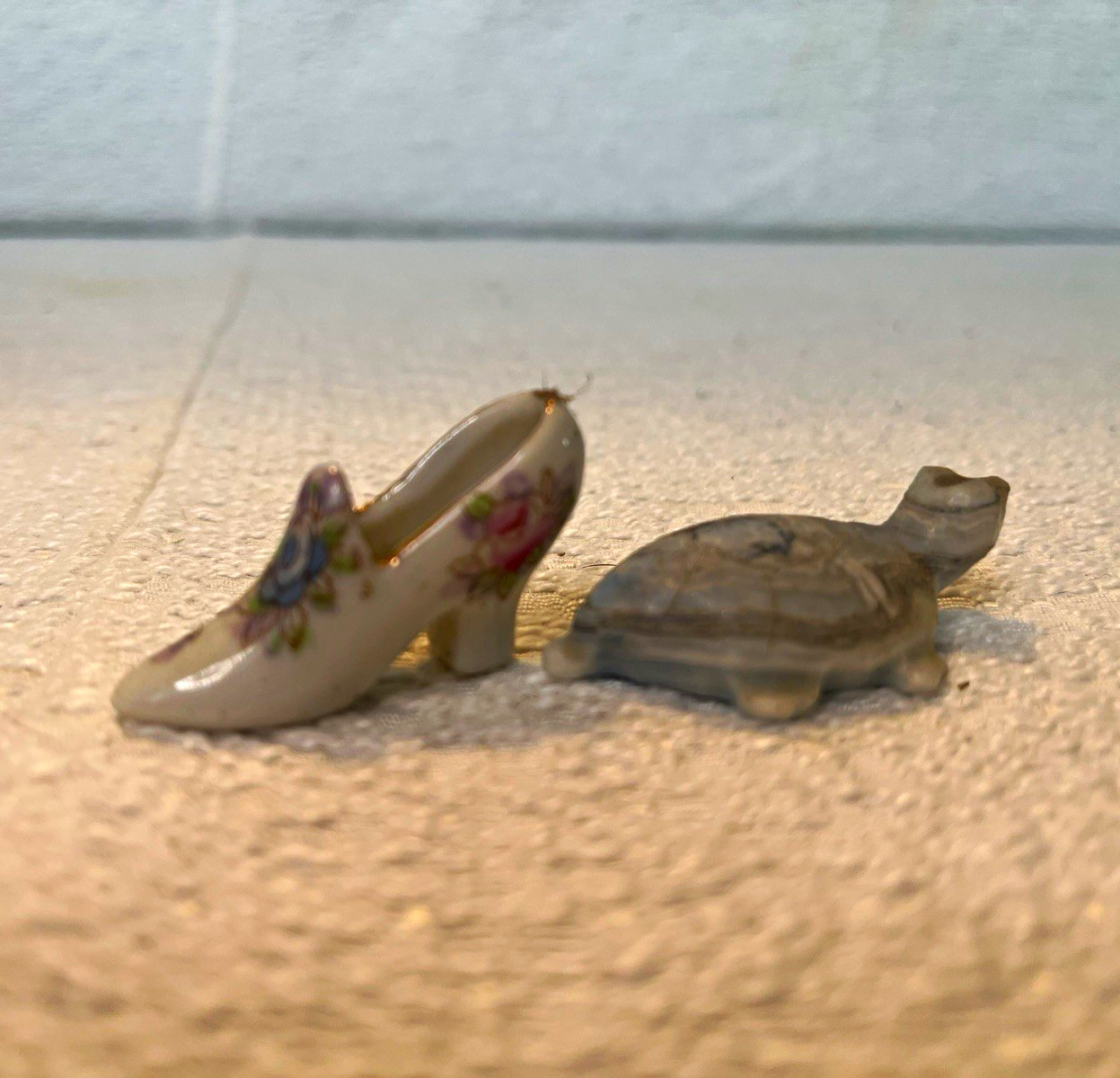 Vintage Miniature Porcelain Hand-Painted Glossy Floral Shoe & Turtle Figurines