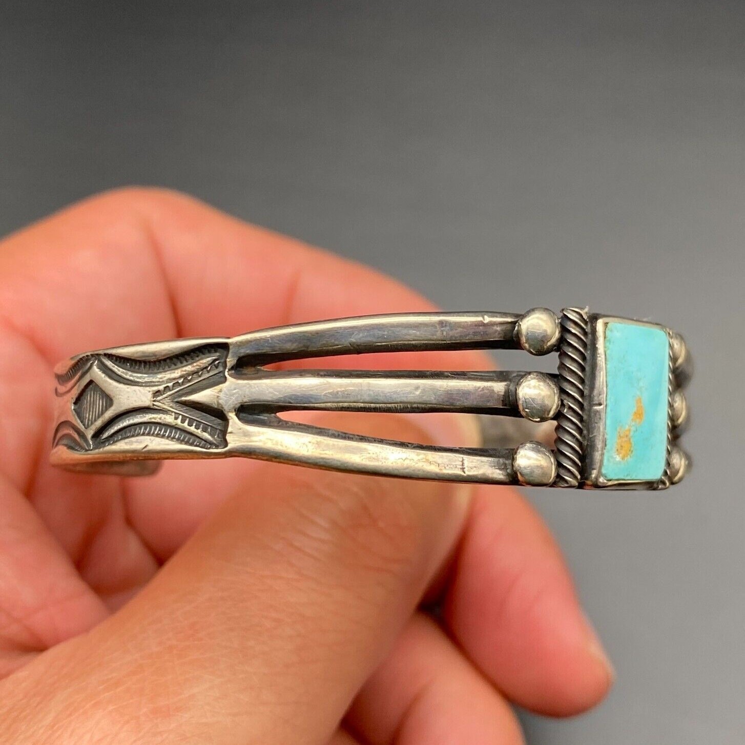 Vintage Navajo Native Turquoise Hand Stampwork Silver Bracelet Cuff 6-3/4\
