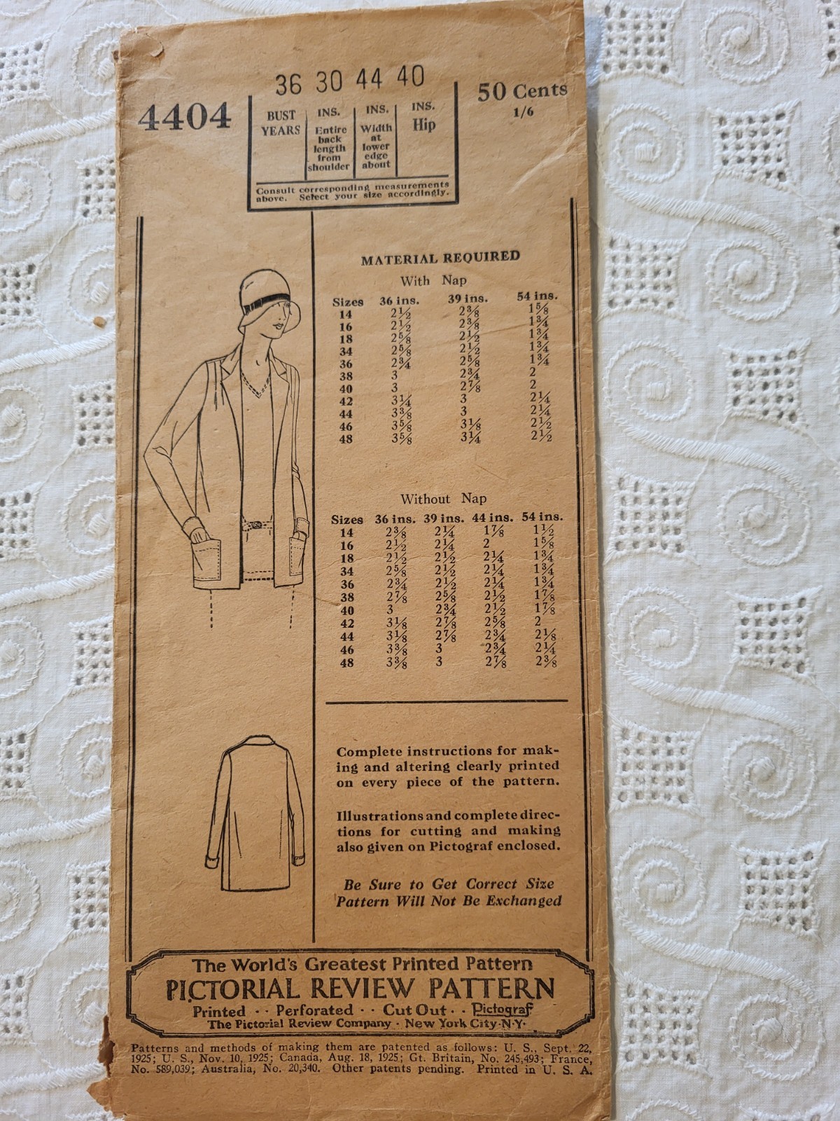 RARE Original 1920s Pictorial Review Pattern 4404 Women\'s Jacket B36 Complete 