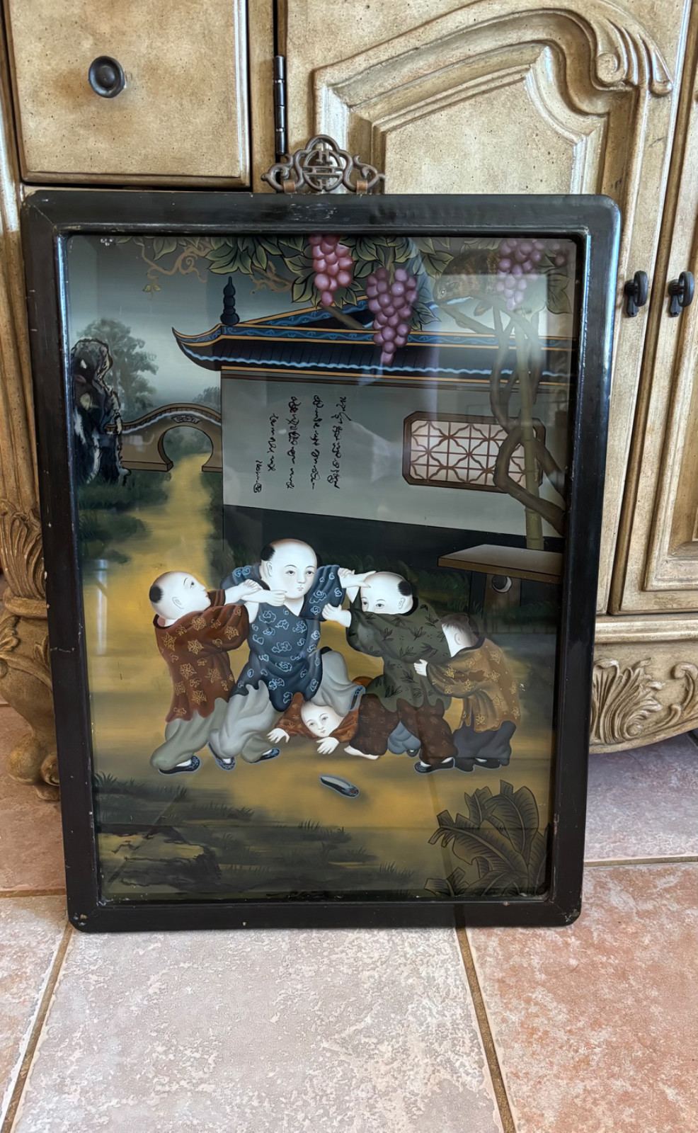 VINTAGE 1920S PARKE-BERNET CHINESE REVERSE PAINTING ON GLASS