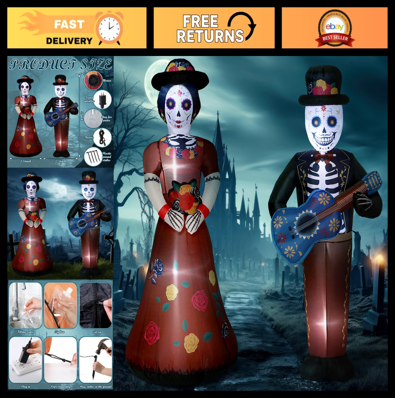 2 Pcs 4.9 ft Dia De Los Muertos Inflatable Outdoor Decor - Light Up Sugar Skull