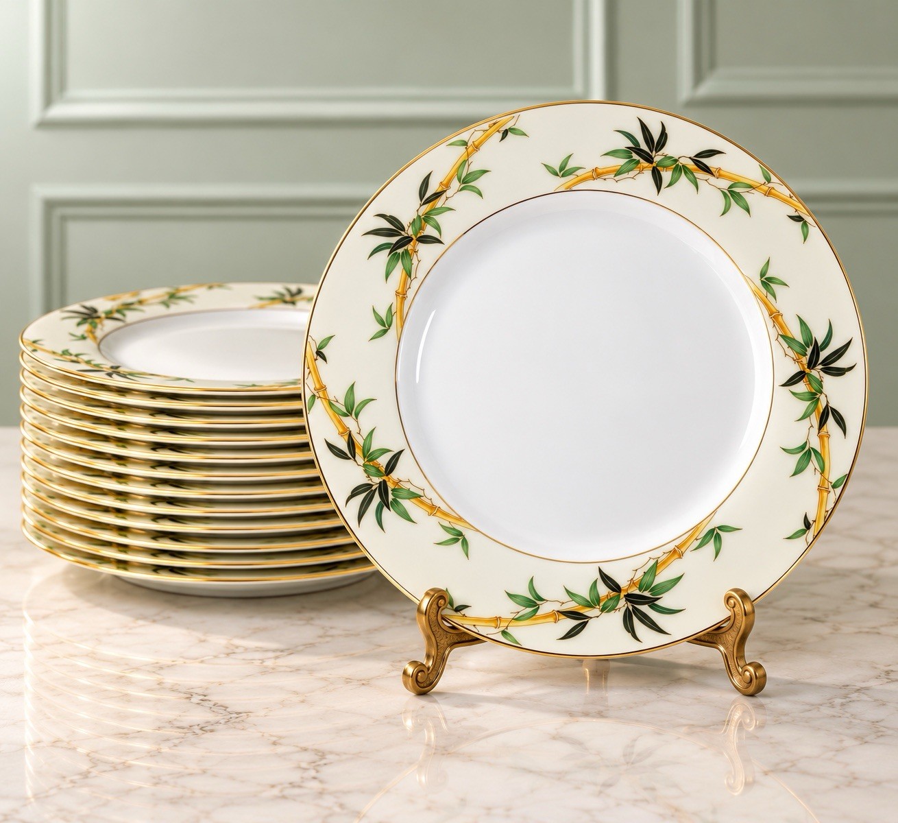Kent China Japan 1950s Set Of 12 Dinner Plates Bali Hai Bamboo Gold, 10.5