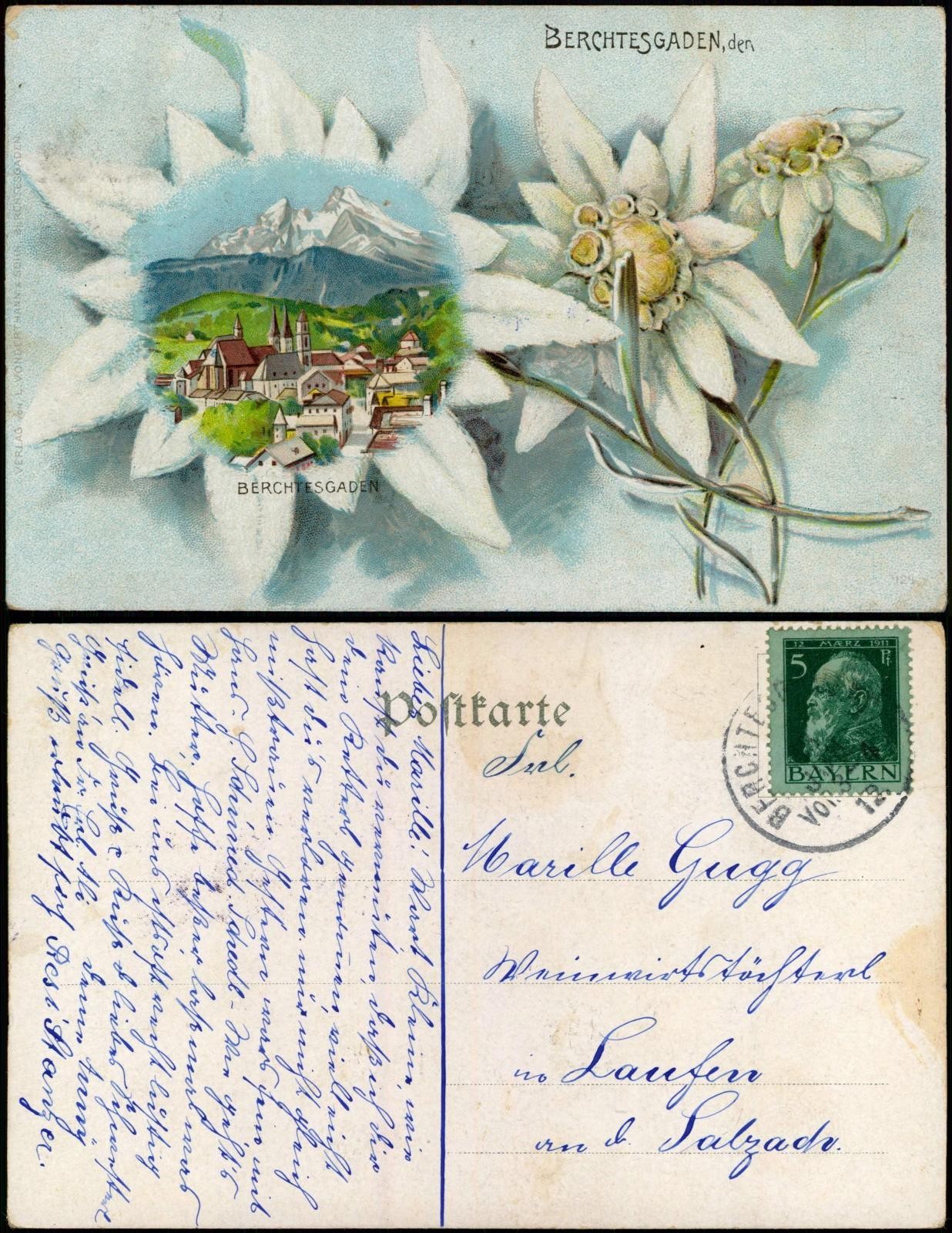 Postcard Berchtesgaden city Edelweiss litho postcard 1912