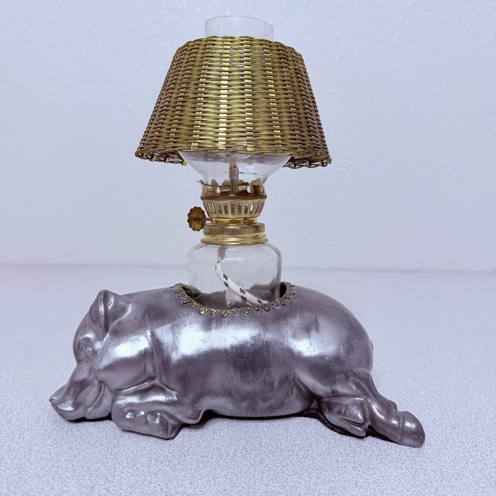 VTG Morton’s Steakhouse Petites Choses Pewter Pig Oil Lamp Complete Unused