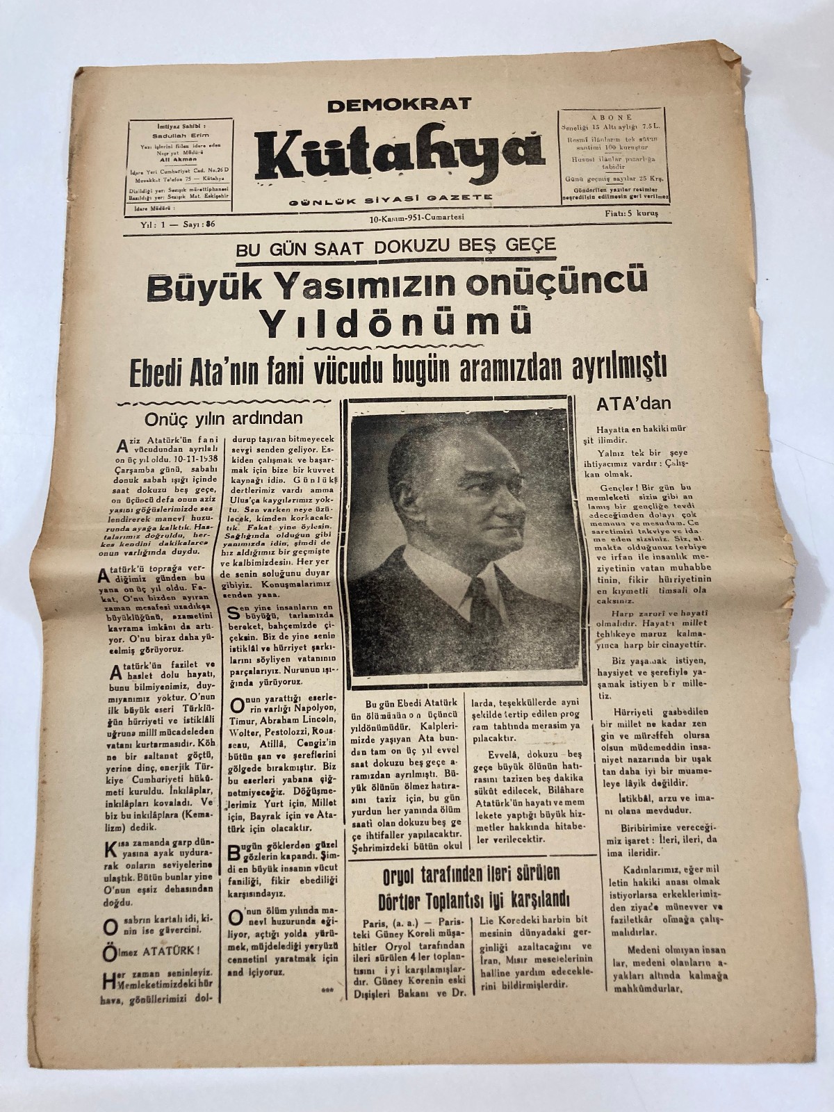 Mustafa Kemal ATATURK Cover Newspaper 1951 Turkish Local Journal RARE