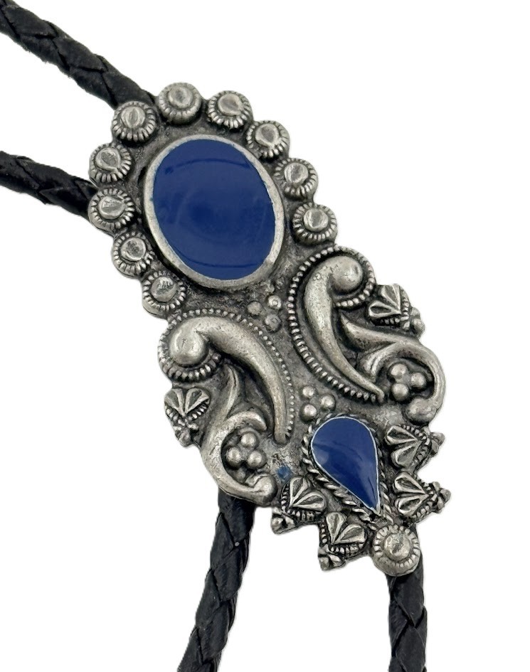 Vtg Blue Stone Ornate Western Bolo Tie Silver Tone Black Braided Cowboy Western