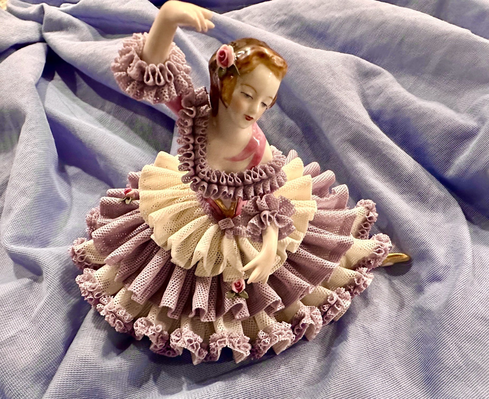 German Dresden Lilac/White Lace Dress Porcelain Spanish Dancer Figurine, 7 German Dresden Lilac/White Lace Dress Porcelain Spanish Dancer Figurine, 7