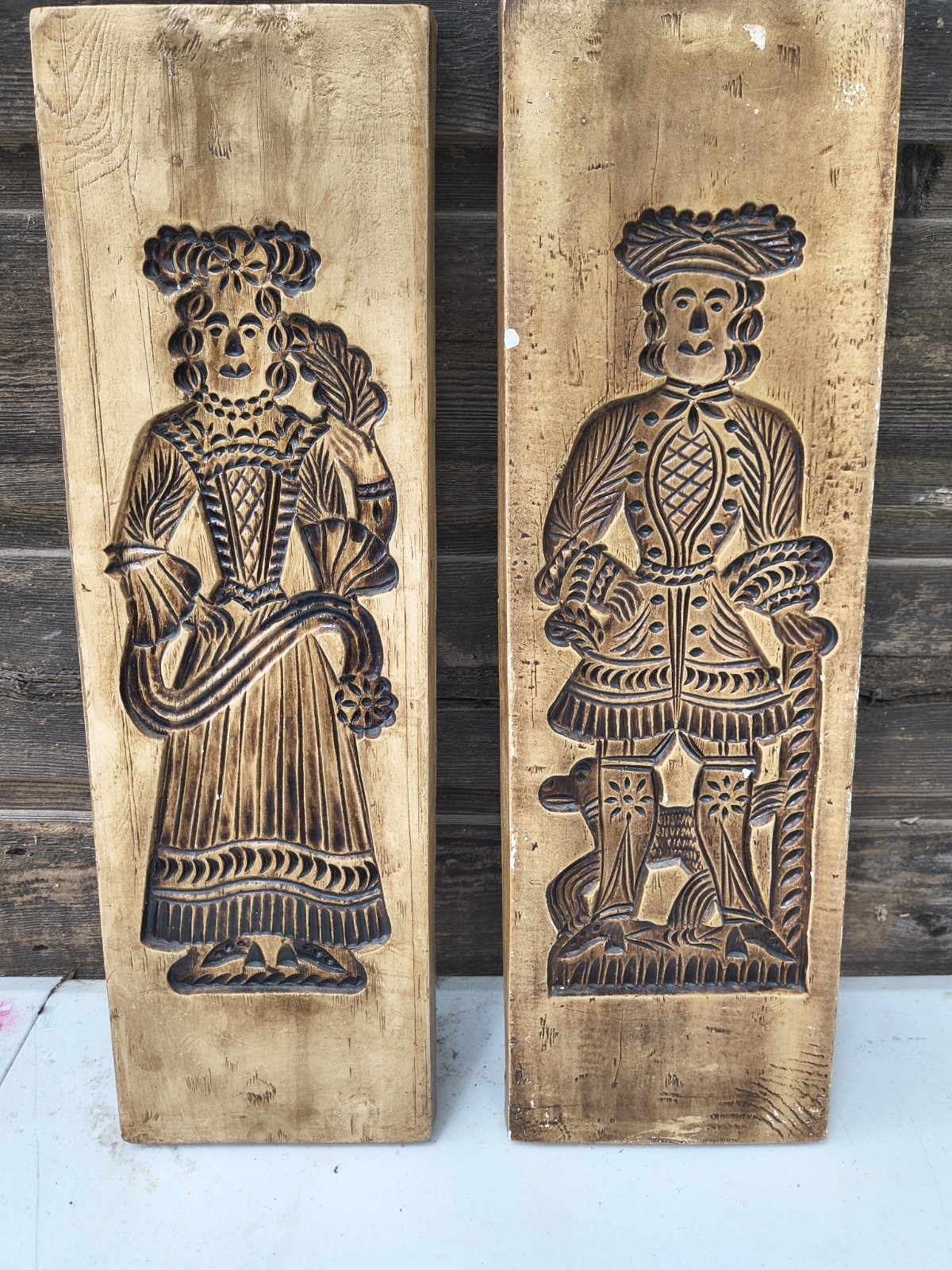 Vintage Faux Wood Chalkware Wall Plaques Pair Dutch Speculaas Cookie Mold Vintage Faux Wood Chalkware Wall Plaques Pair Dutch Speculaas Cookie Mold