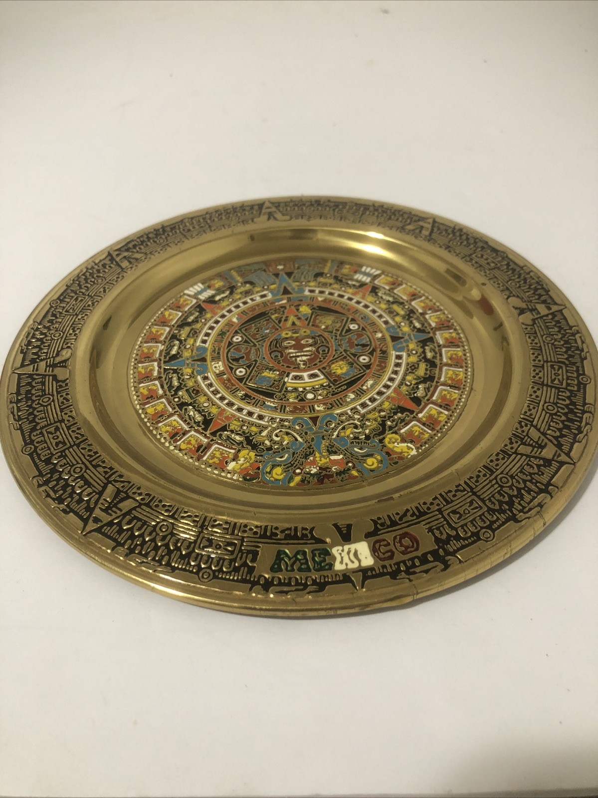 Vintage Mexican Mayan Aztec Brass Enamel Calendar Wall Hanging Plate Mexico 8” Vintage Mexican Mayan Aztec Brass Enamel Calendar Wall Hanging Plate Mexico 8”