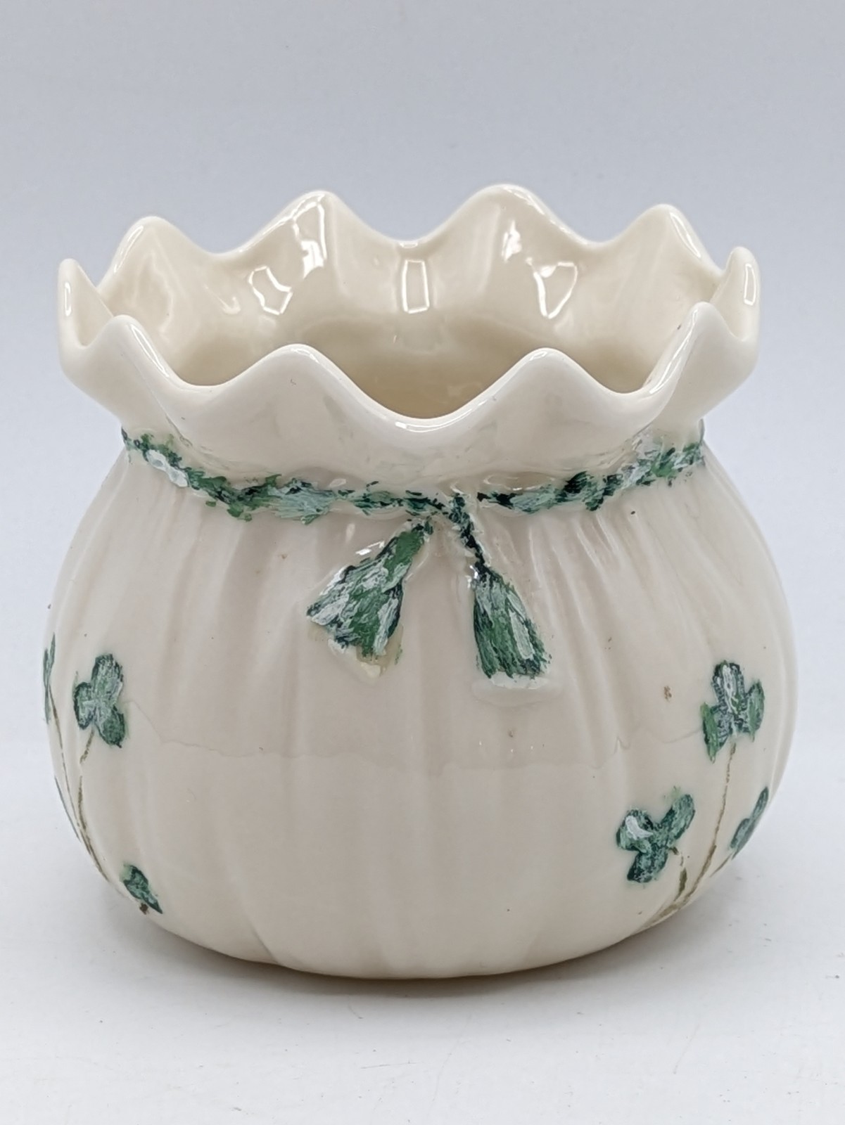 Vtg Belleek Shamrock Money Bag Vase Cinched Sack Ruffled Rim 6th Mark 1965-80's