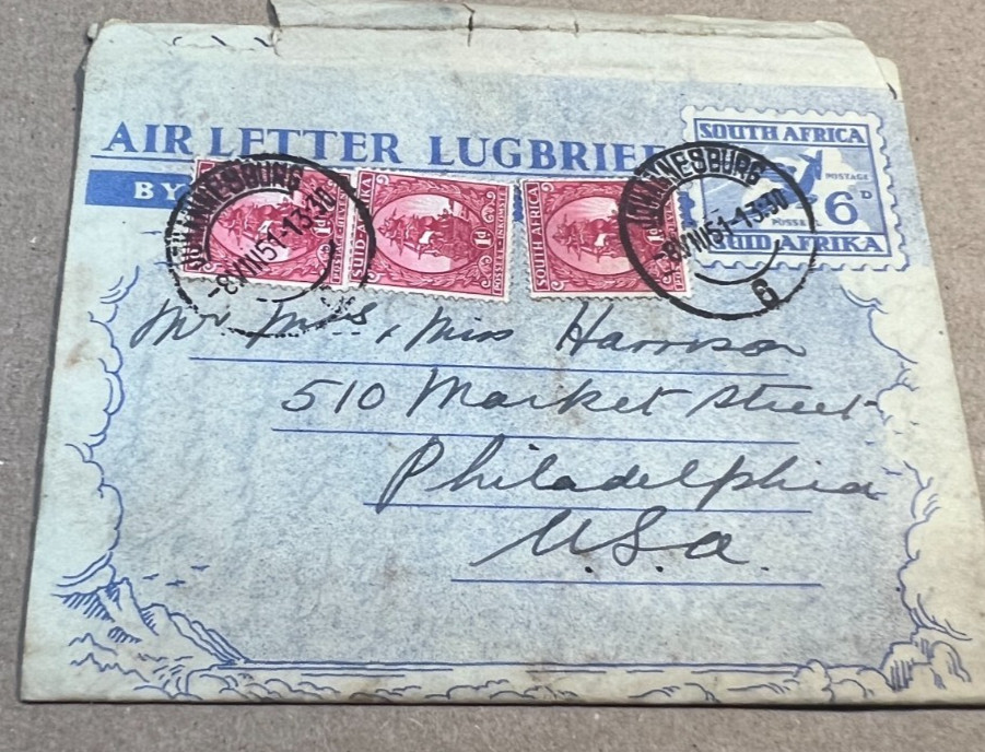 1951 Handwritten Letter Posted Envelope Johannesburg South Africa Philadelphia