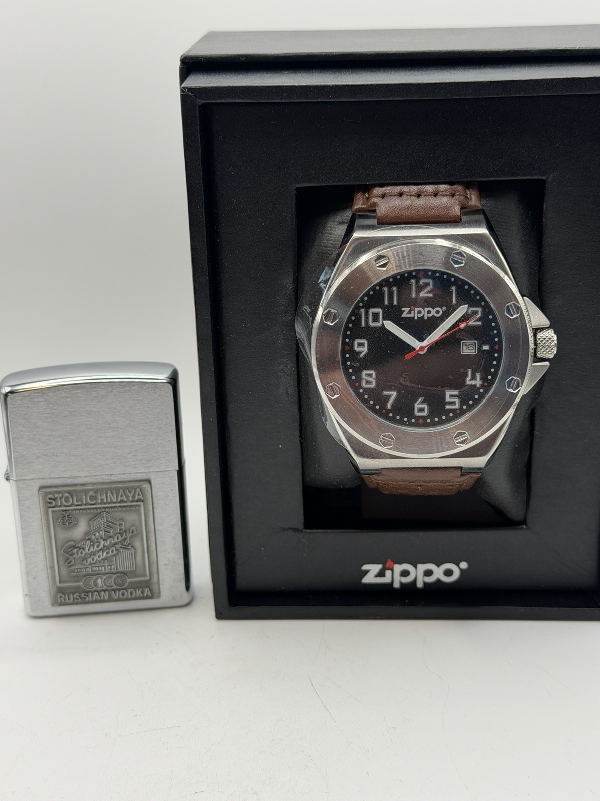 Stolichnaya Russian Vodka Emblem Vintage 1997 Zippo Lighter W/Men’s Watch New Stolichnaya Russian Vodka Emblem Vintage 1997 Zippo Lighter W/Men’s Watch New