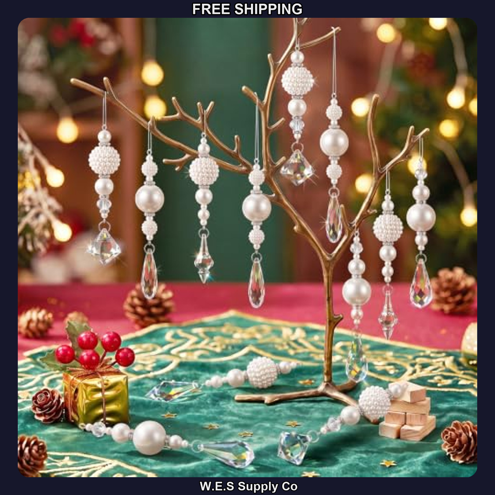12 Pc Christmas Pearl Crystal Drop Ornaments 5.91in Acrylic