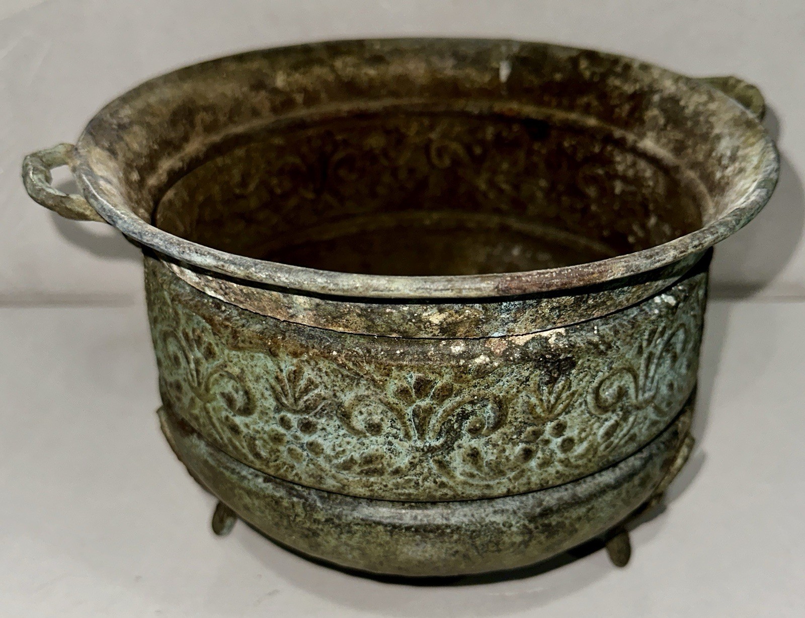 Antique 19thC Hand Hammered Bronze Planter Riveted Serpent Paw Feet Rare