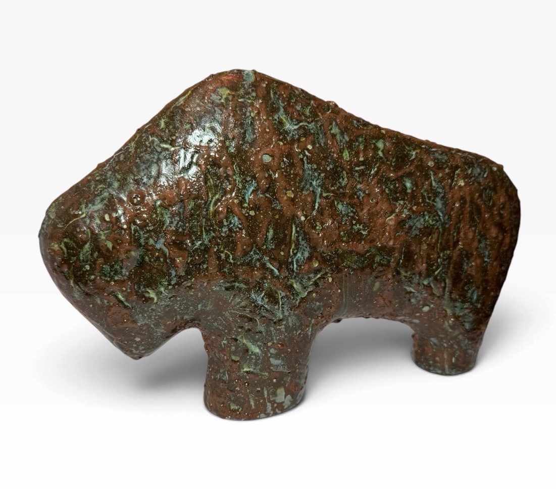 Vintage MCM Style Ceramic Buffalo Sculpture, Green Brown Textured Lava Glaze 12”