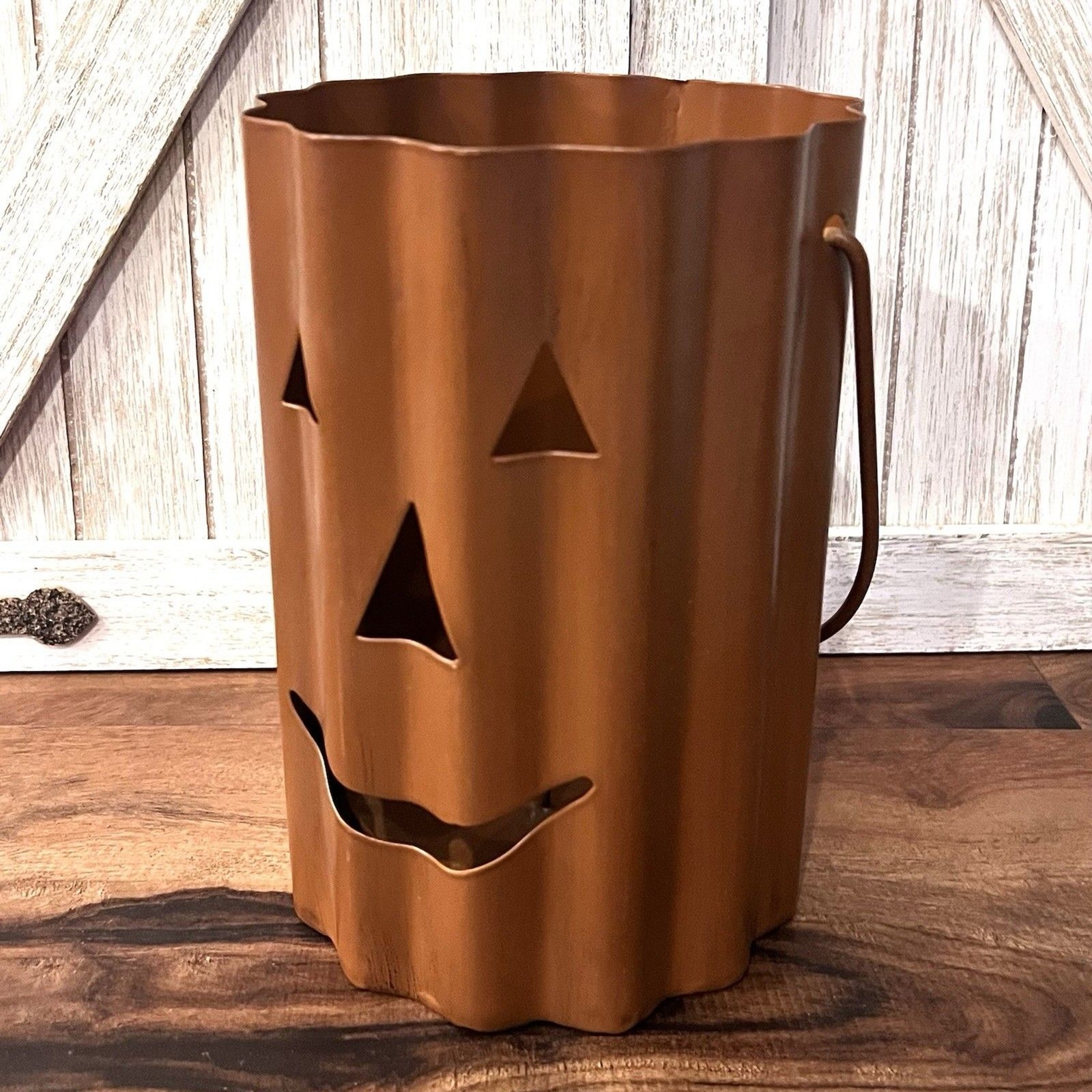 Large Corrugated Metal Jack O’ Lantern Pumpkin Lantern Candle Holder 8