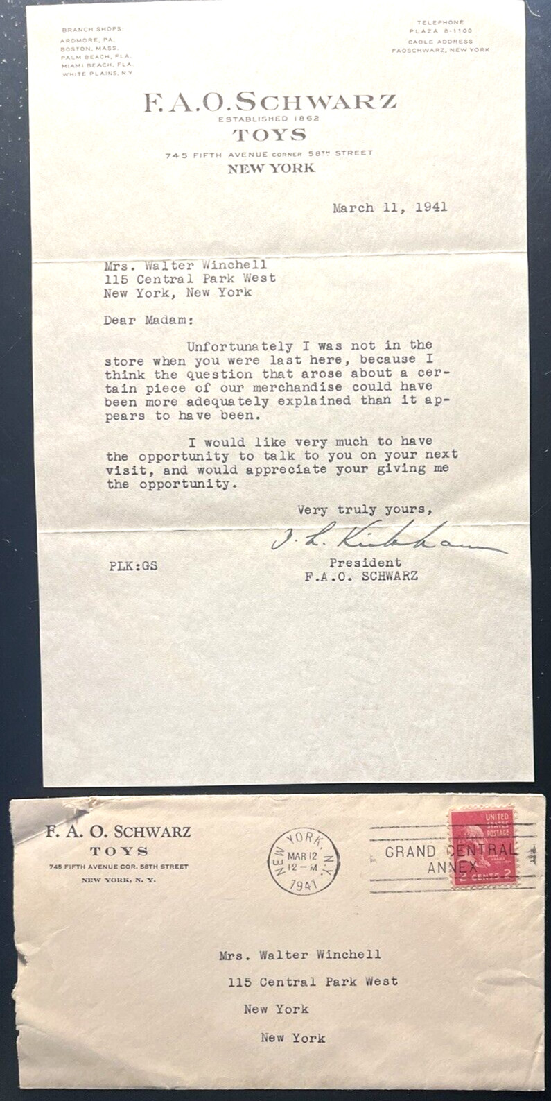 MRS. WALTER WINCHELL RARE 1941 LETTER FROM F.A.O. SCHWARZ ON STATIONERY W/COA