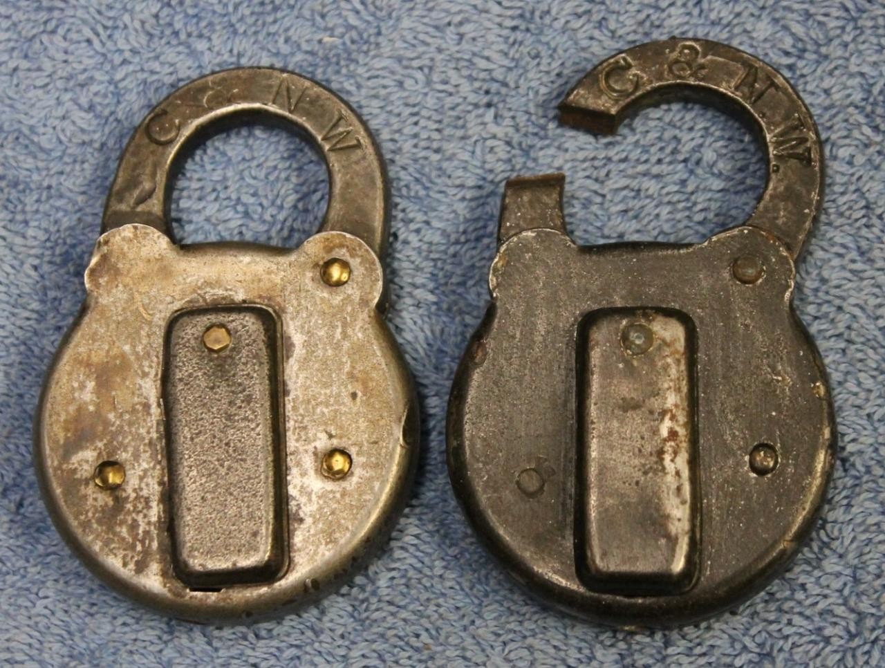 TWO Vintage C & NW Railroad Signal Padlocks Chicago Northwestern 1 Cut Shackle