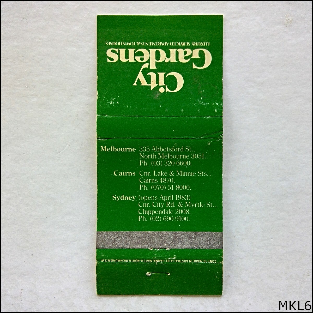 City Gardens Luxury Serviced Apartments & Townhouses Matchbook Label (MKL6) City Gardens Luxury Serviced Apartments & Townhouses Matchbook Label (MKL6)