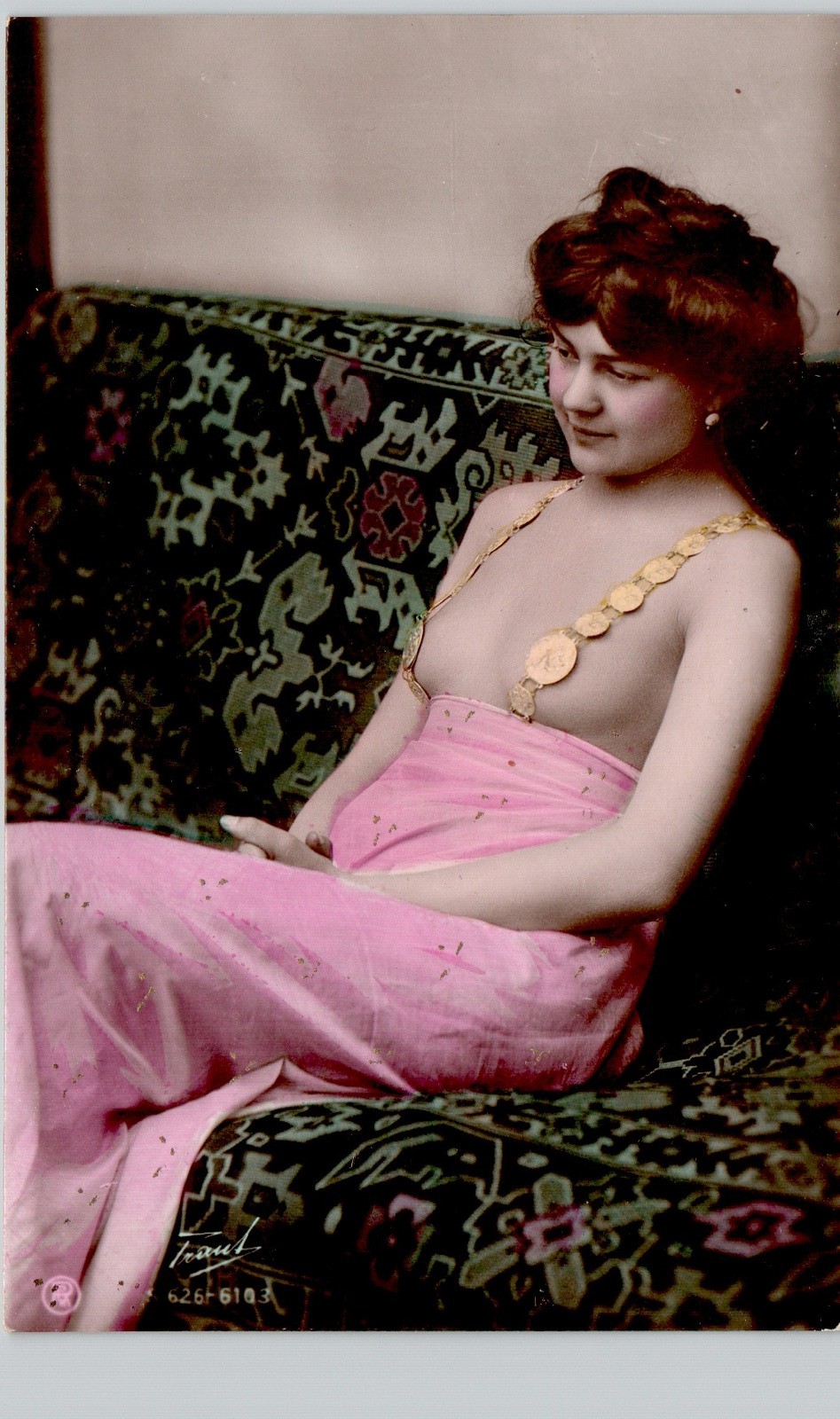 TOPLESS PINK LADY RISQUE PORTRAIT c1910 postcard real photo rppc evelyn nesbit