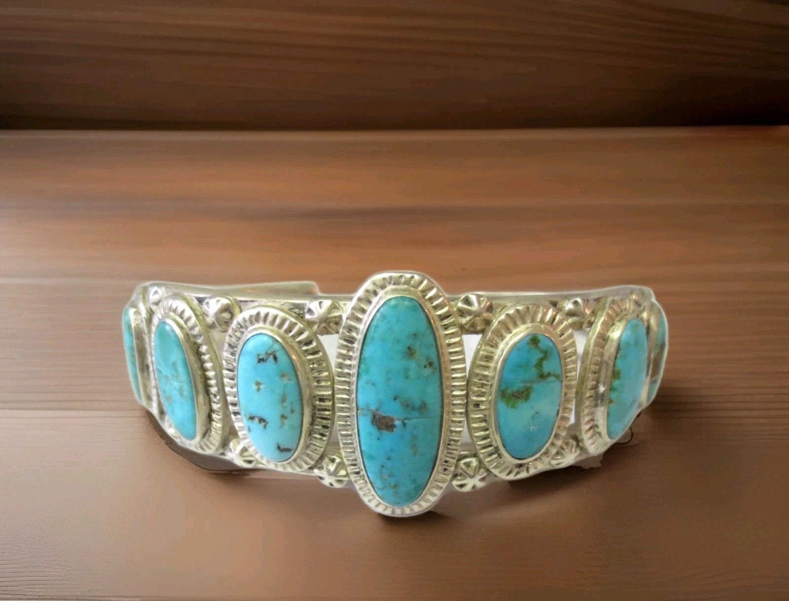 Vintage Navajo Sterling Silver Cuff Bracelet with 7 Oval Turquoise Gemstones 56g