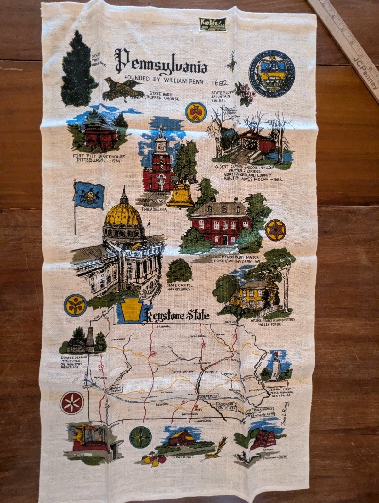 Kay Dee Screen Printed VTG Linen Tea Towel Joan L Romig “Pennsylvania” Map Kay Dee Screen Printed VTG Linen Tea Towel Joan L Romig “Pennsylvania” Map