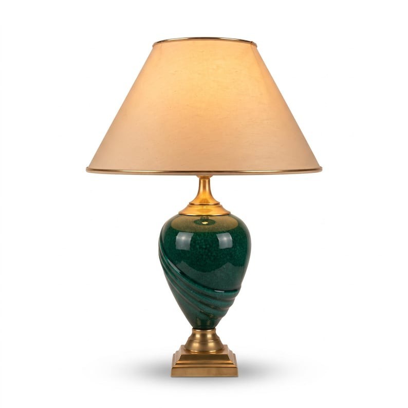 Vintage French Table Lamp, Deschuyteneur, Malachite Effect Ceramic and Brass 