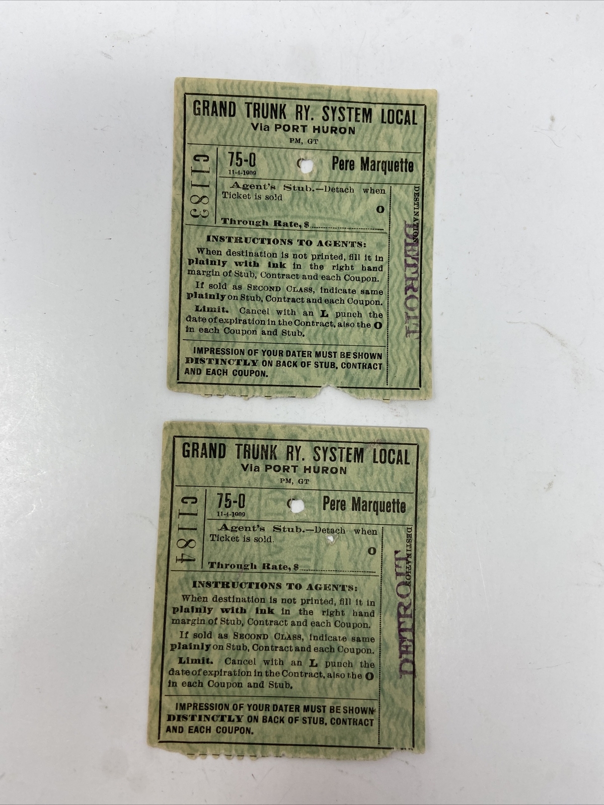 1909 1910 Grand Trunk Railway System Ticket Pass Pere Marquette Detroit Lot of 2