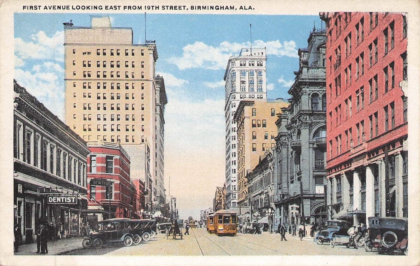 Birmingham Alabama First Avenue 19th Street Streetcar Cars Buildings Postcard