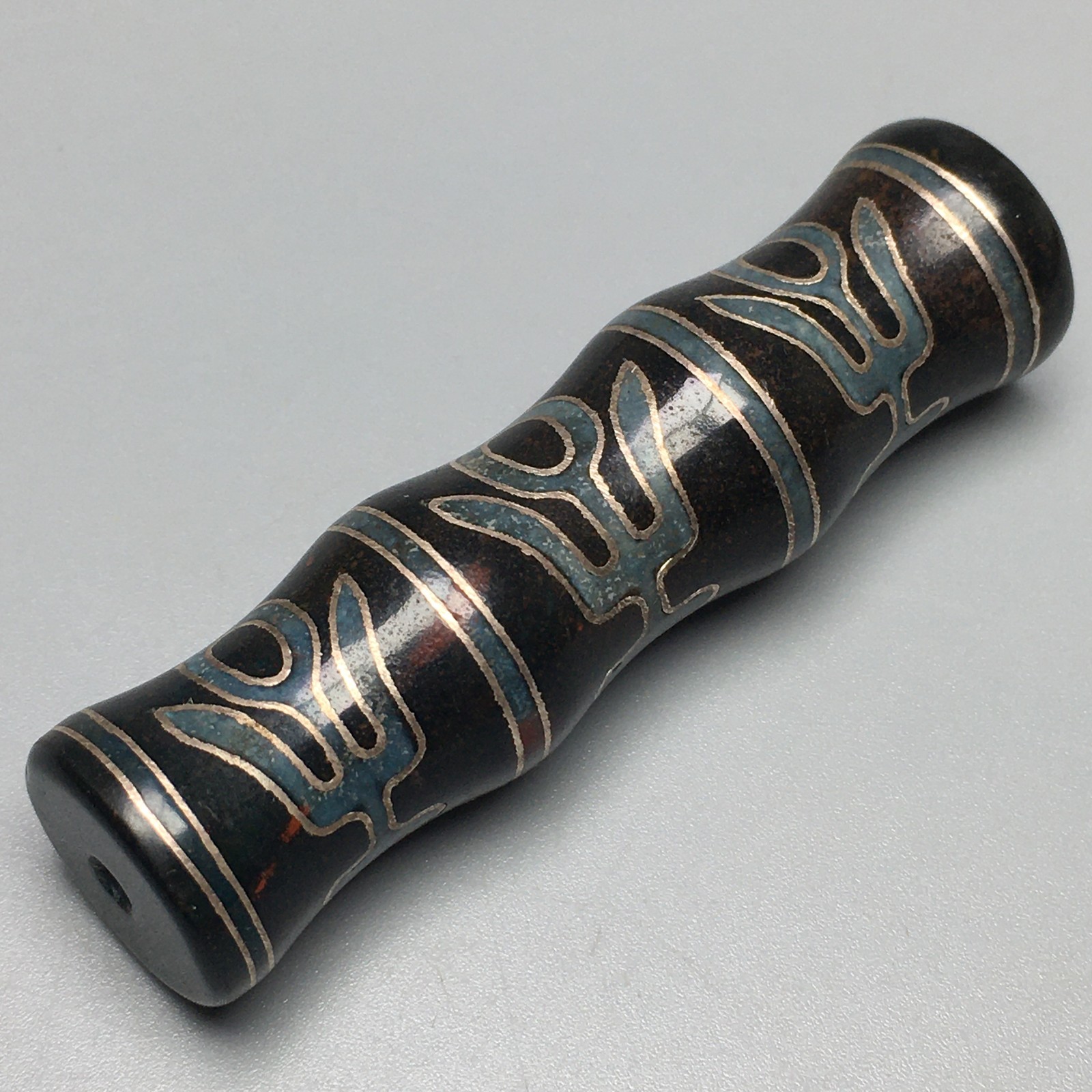 Tibetan Old Dzi Bamboo Noble Figure Engraved Silver Cinnabar Oily Patina B626