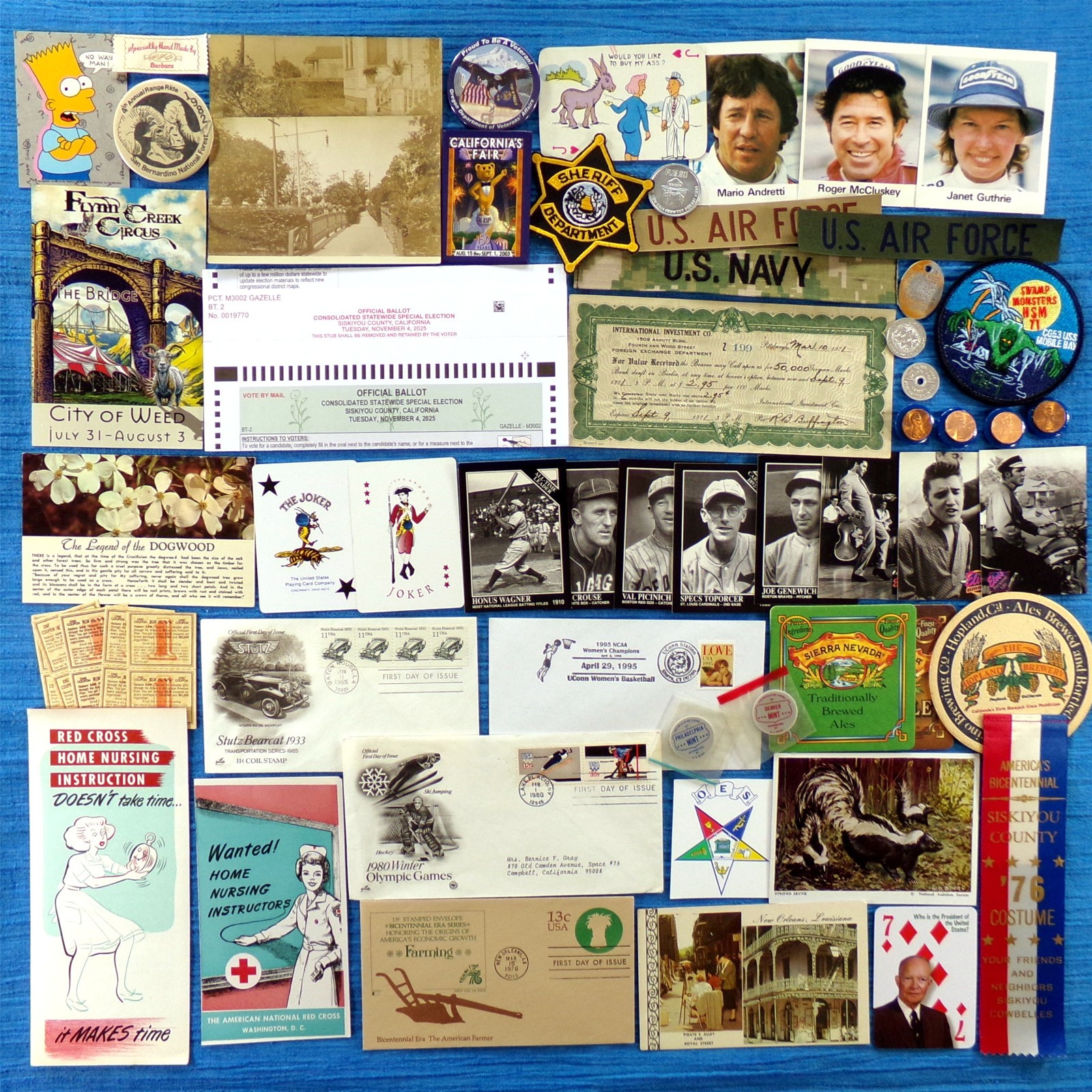 Vintage USA Ephemera 50+ Mixed Cards Stamps Pins Ads Patches Odd Junk Drawer Lot