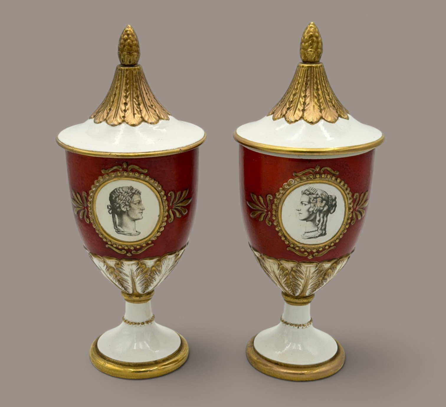 Large Vintage Pair Zaccagnini Italian Porcelain Urns Classical Cameo Medallions