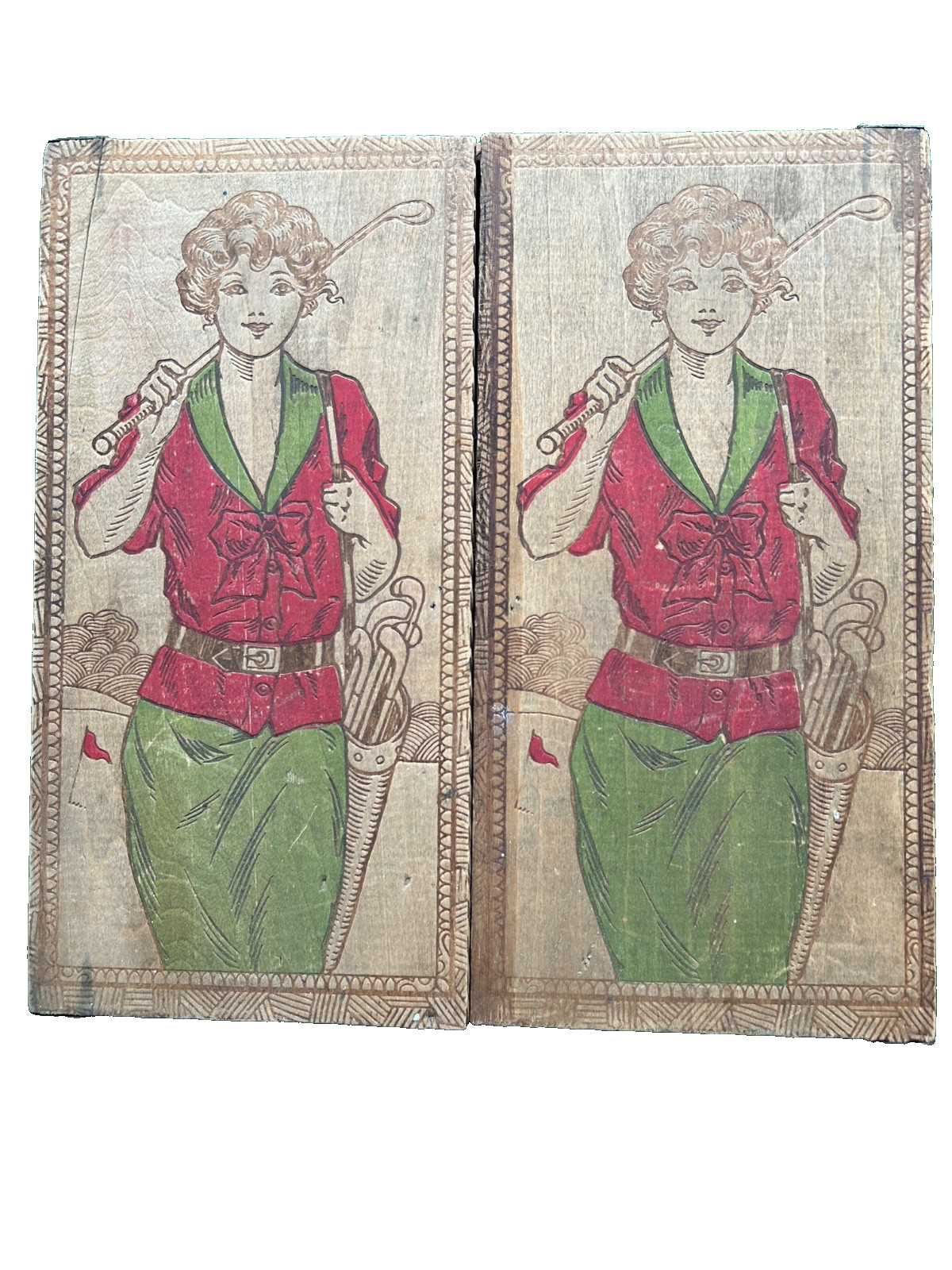 vintage pyrographic wooden box with lady golfer painted on hinged lids.