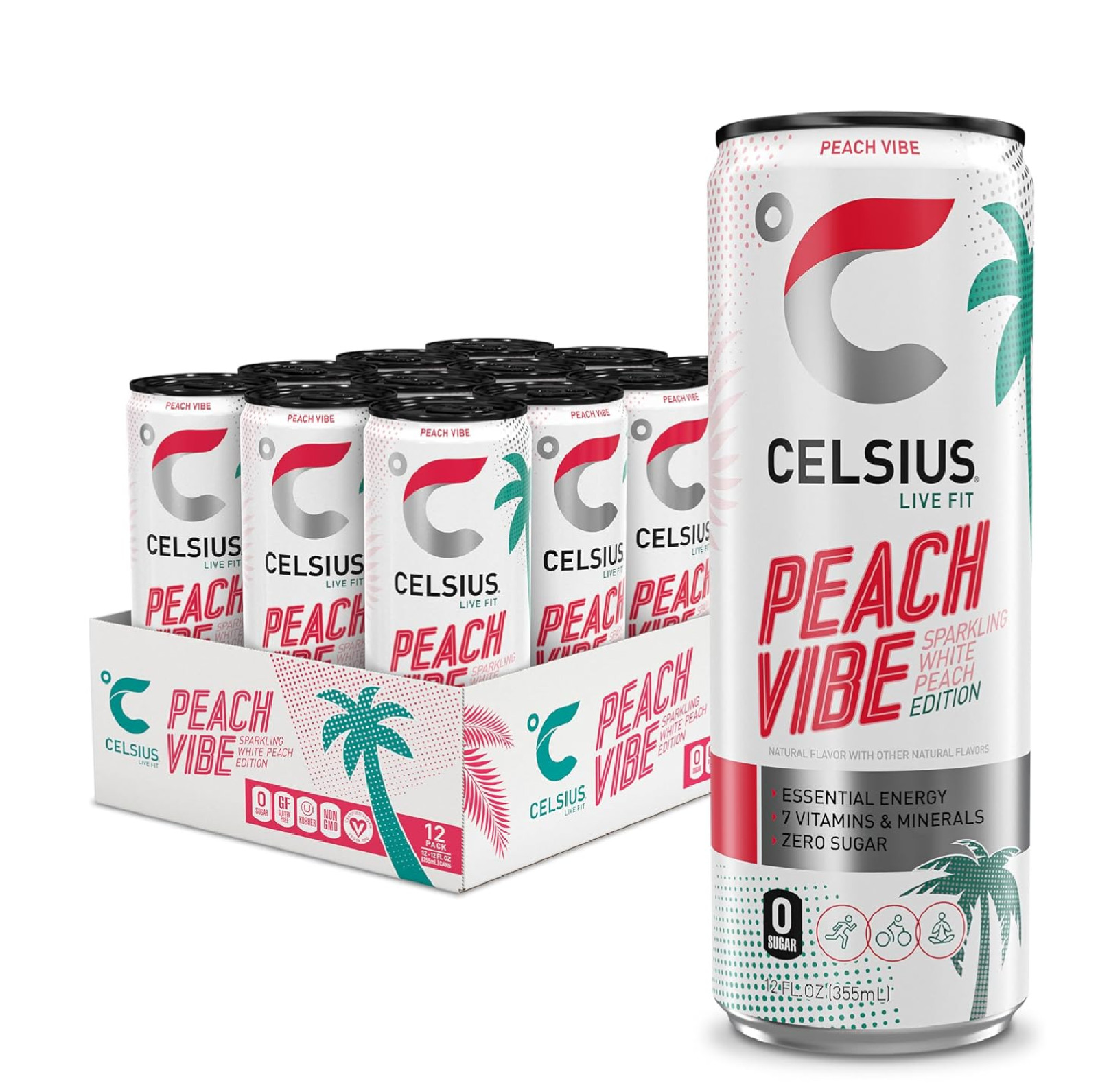 CELSIUS PEACH VIBE Sparkling White Peach Sugar Free Energy Drink 12 Fl Oz CELSIUS PEACH VIBE Sparkling White Peach Sugar Free Energy Drink 12 Fl Oz