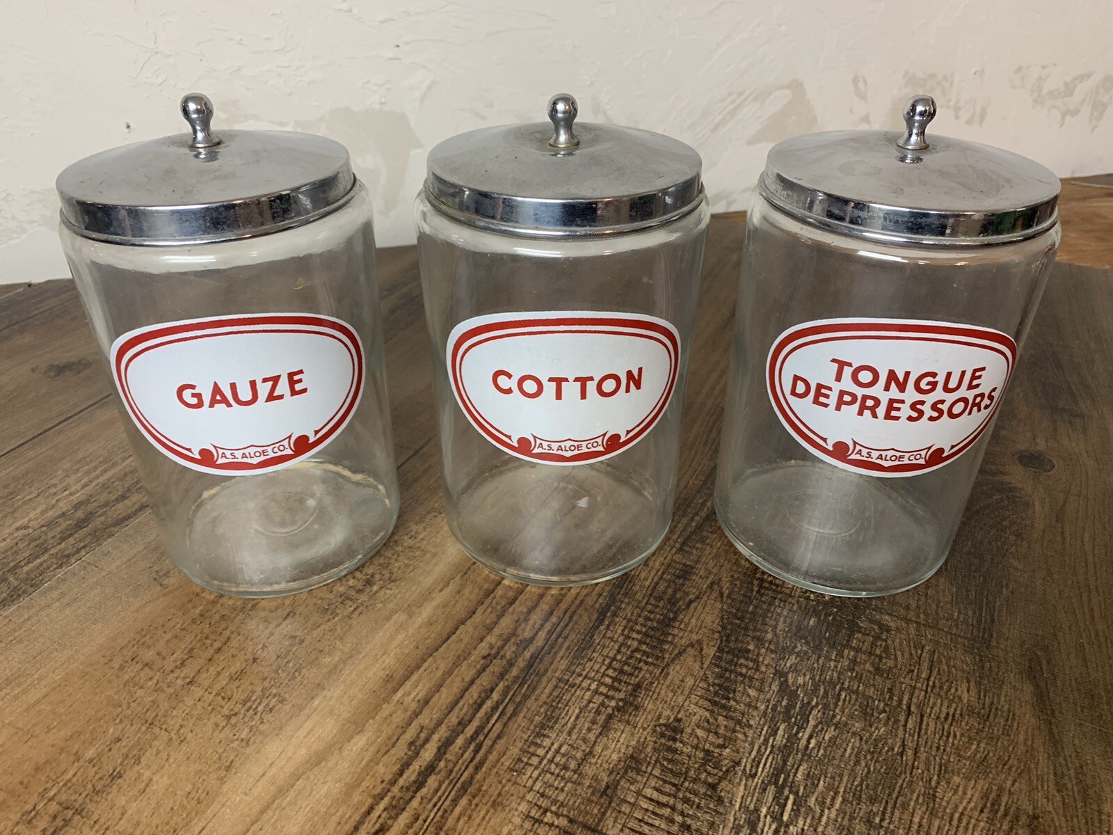 3 Vintage Medical Jars by Profex~Cotton, Guaze & Tongue Depressor Labels