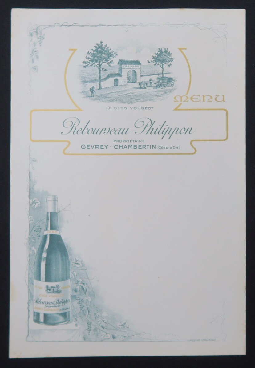 Antique menu GEVREY-CHAMBERTIN LE CLOS VOUUGEOT REBOURSEAU restaurant card Antique menu GEVREY-CHAMBERTIN LE CLOS VOUUGEOT REBOURSEAU restaurant card