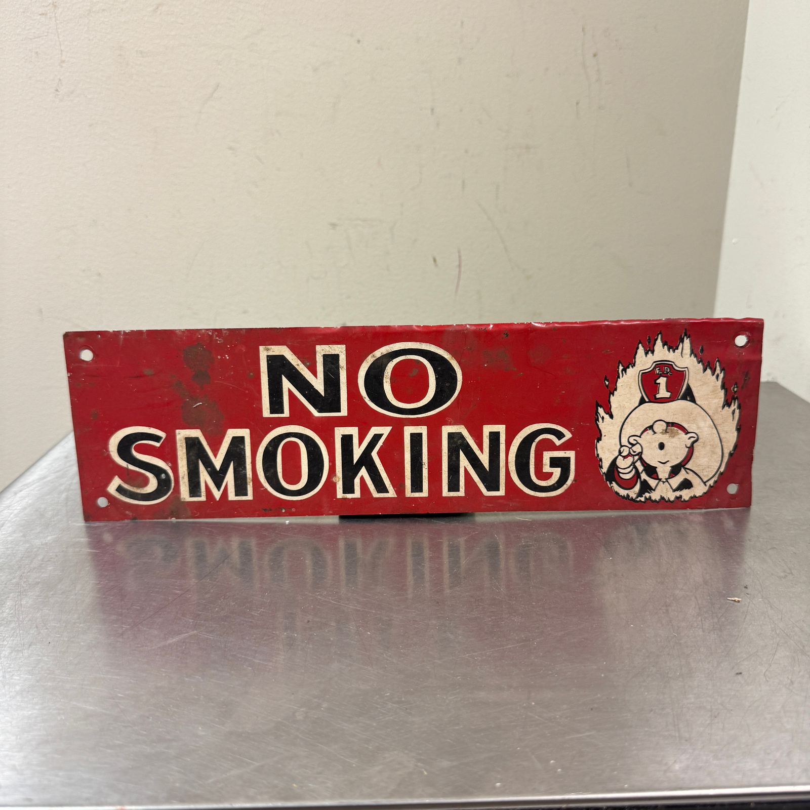 Vtg c.1950s NO SMOKING Sign w/ Cartoon Fire Fighter Graphic Vtg c.1950s NO SMOKING Sign w/ Cartoon Fire Fighter Graphic
