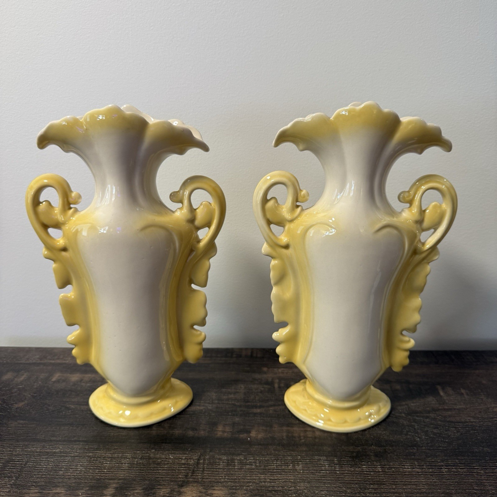 Vintage Floraline McCoy Pottery Yellow Ruffled Vases Pair 12\