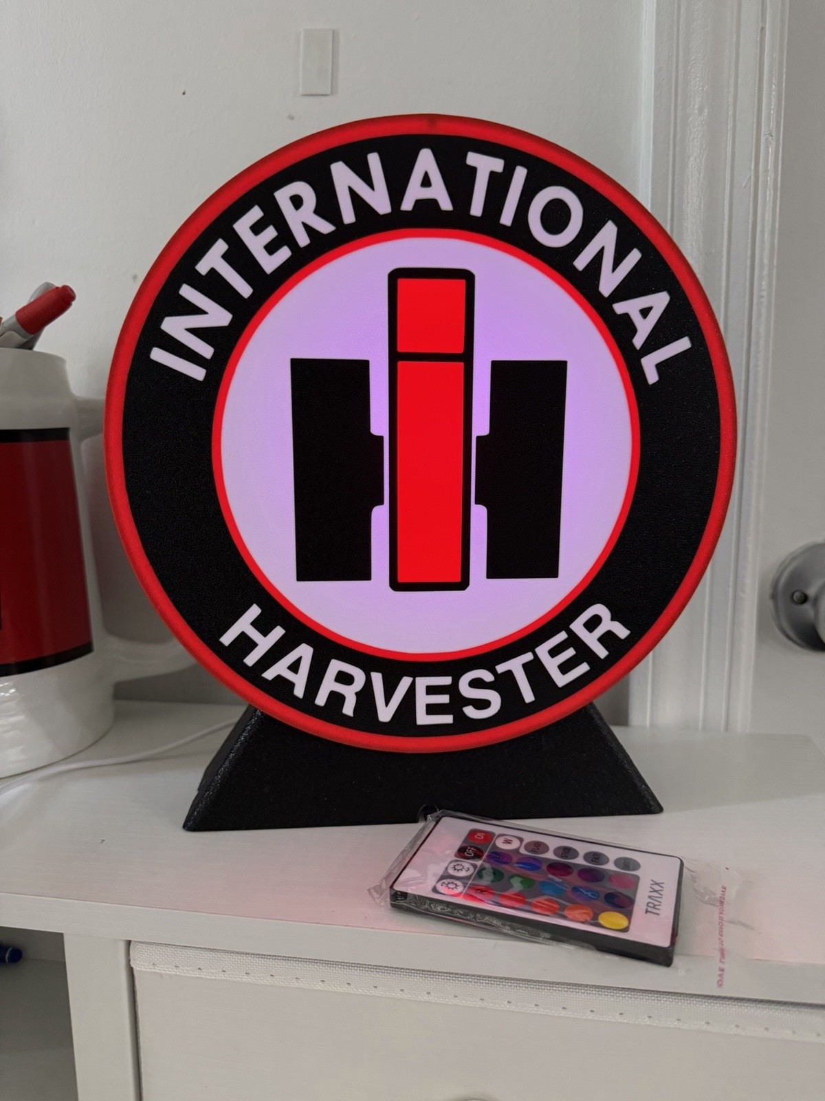 International Harvester IH Logo Round Lighted Reproduction Sign, Black Red White International Harvester IH Logo Round Lighted Reproduction Sign, Black Red White