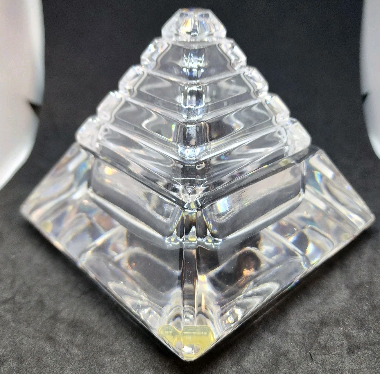 Vintage Colle Crystal Italy PbO Glass Pyramid Trinket Box Jar Lid Etched Signed Vintage Colle Crystal Italy PbO Glass Pyramid Trinket Box Jar Lid Etched Signed