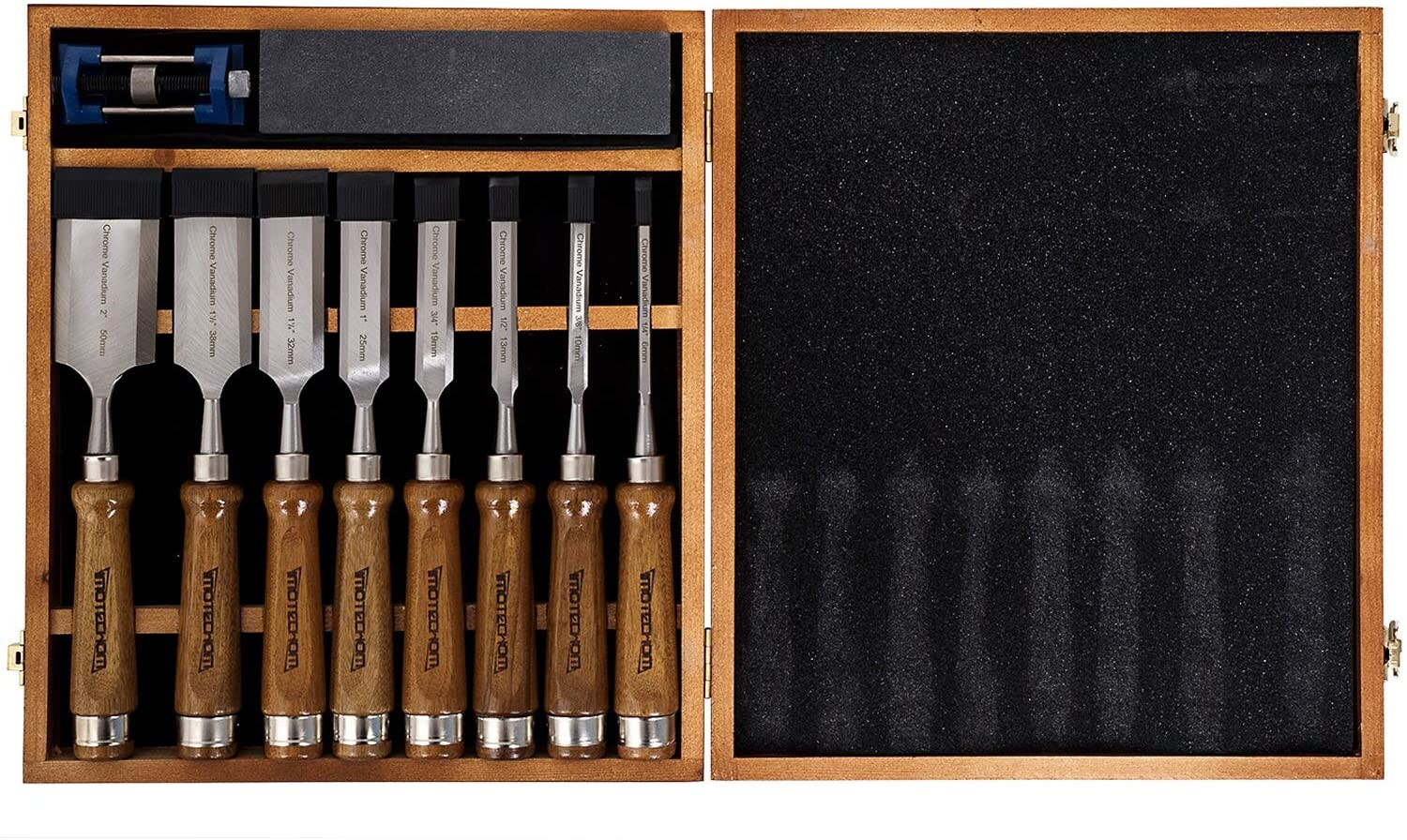 10-Pieces Woodworking Wood Chisel Set with Wooden Box, Honing Guide, Sharpening