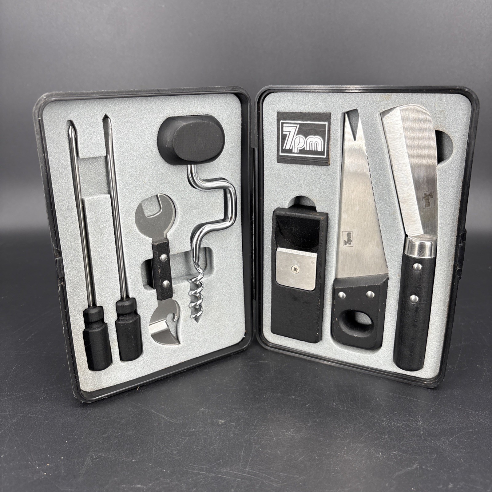 Vintage Kai Cut 7pm Snack & Bar Tools 7 Pc Set Stainless W/ Travel Case Japan