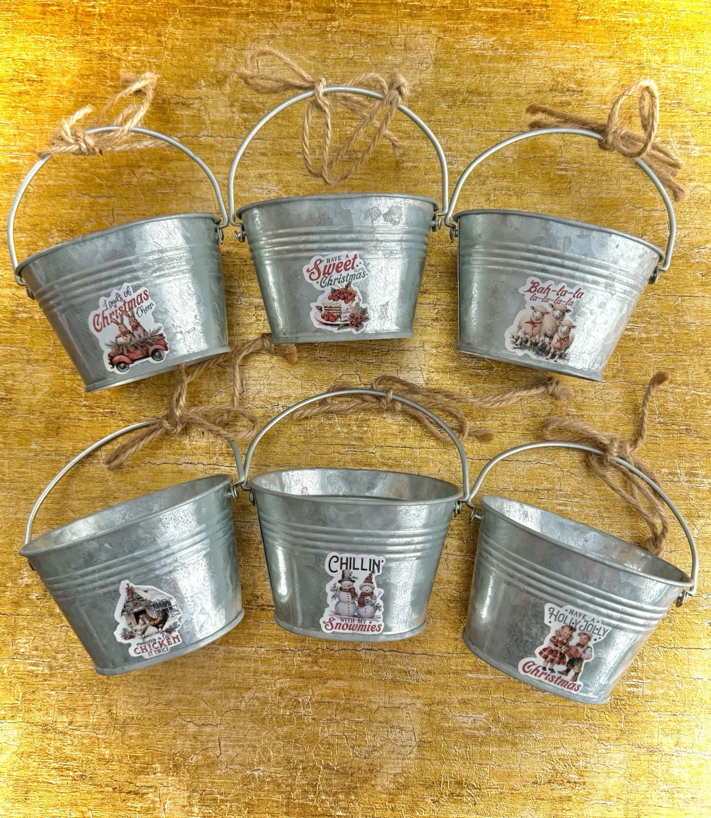 VTG Kurt Adler Mini Bucket Christmas Ornaments Farmhouse Decor Tier Tray Set 6