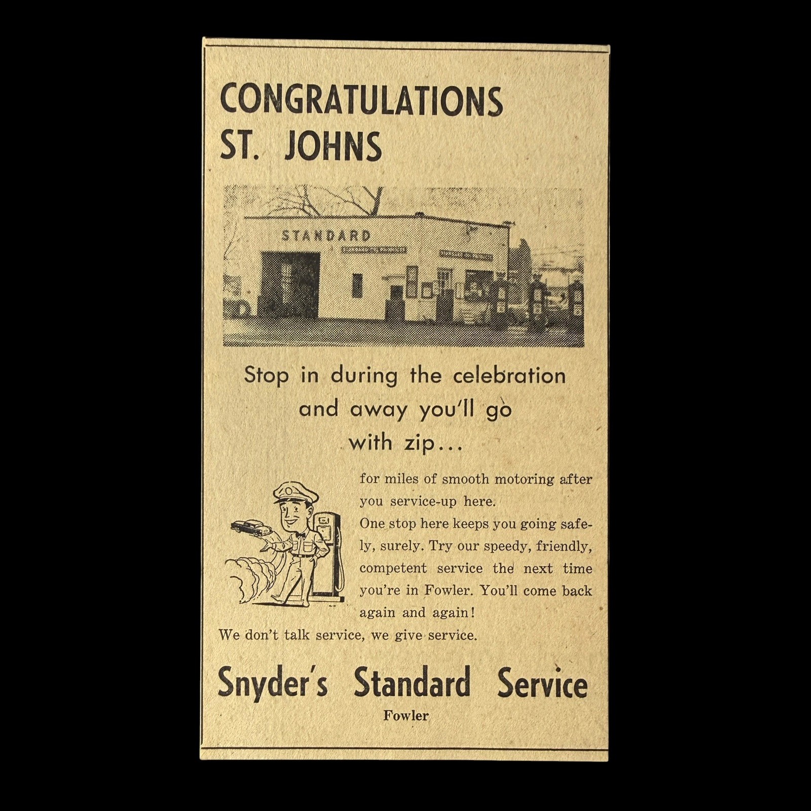 Vintage Snyder\'s Standard Service Fowler Michigan Gas Station St Johns Ad
