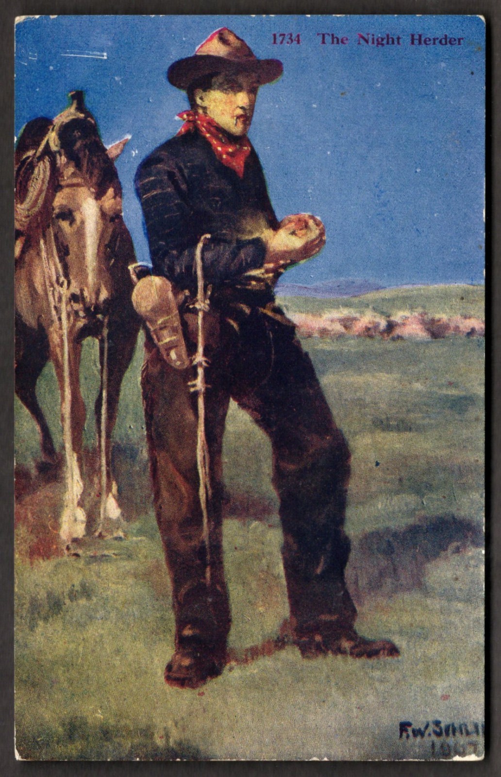 Artist SIGNED Postcard 1907 Cowboy Night Herder Horse