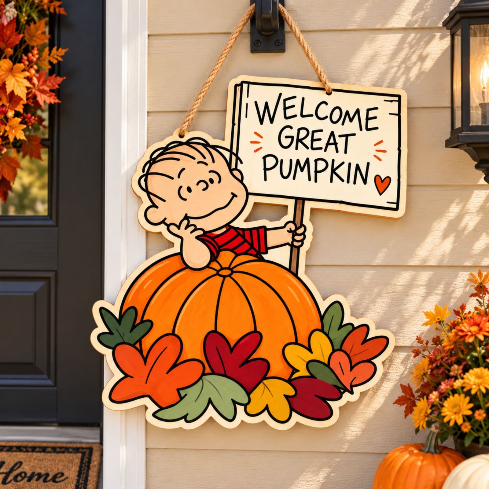 Peanuts Linus Great Pumpkin Wooden Door Hanger Halloween Fall Front Door Decor