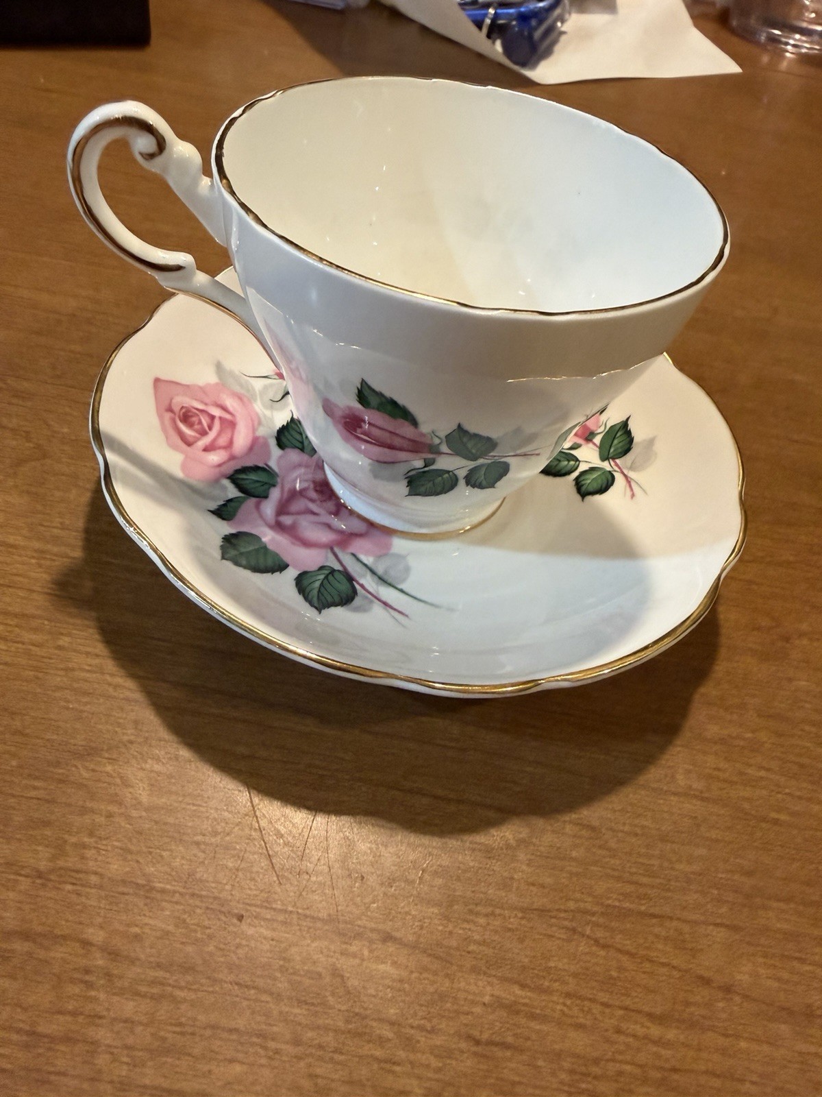 Vintage Regency English Bone China Teacup Saucer Set Lovely Pink/ Red Floral